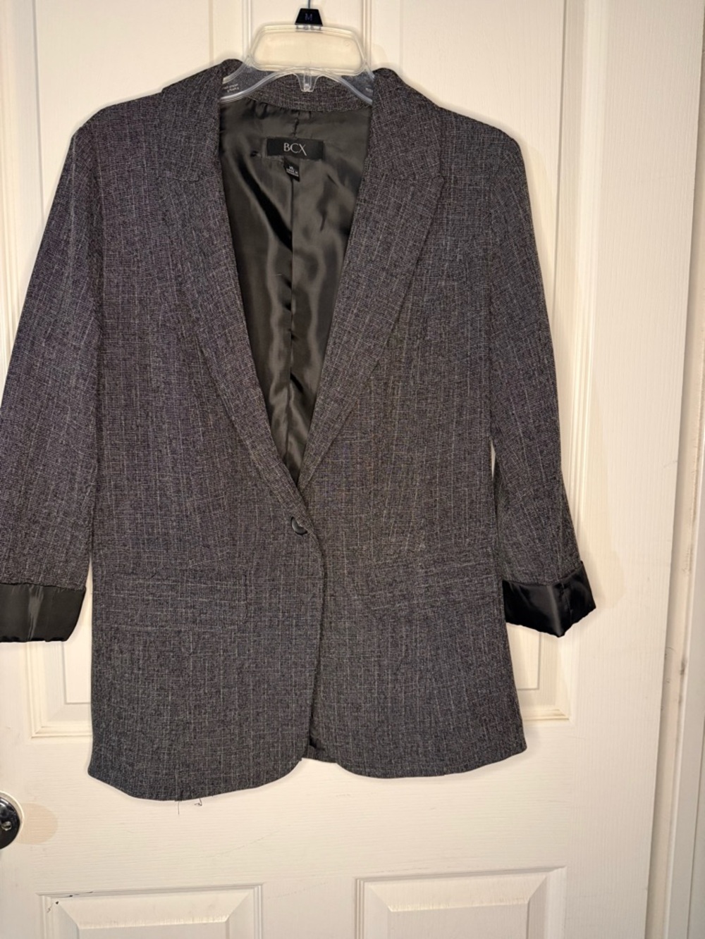 BCX Men's Dark Gray Single-Button Textured Blazer shoulder pads cut out
